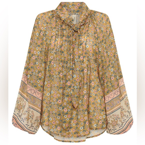 New Spell x Free People Mossy XL Brown Pink Buttonfront Tie-Neck Boho Blouse - Picture 9 of 15